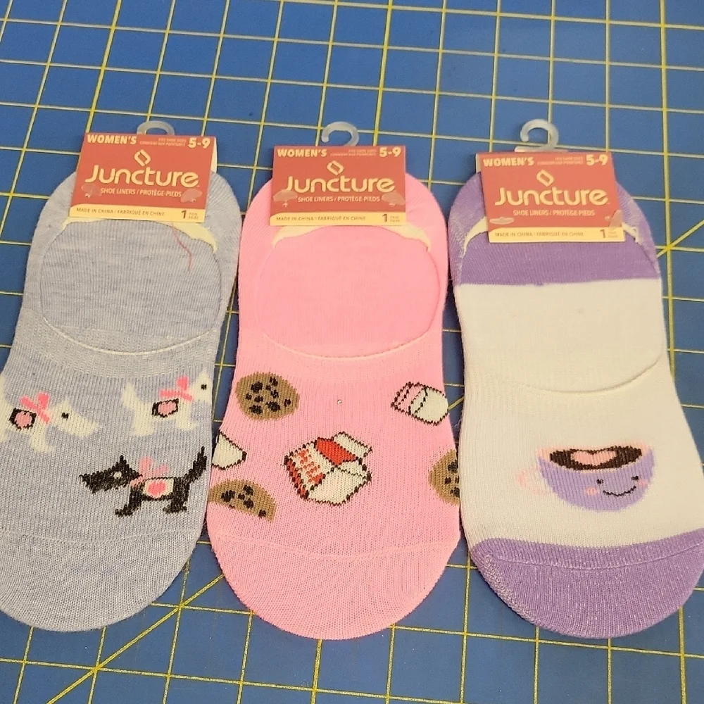 Juncture Shoe Liner Socks Lot of 3 Pair Dogs Milk & Cookie Coffee Cup Size 5-9
